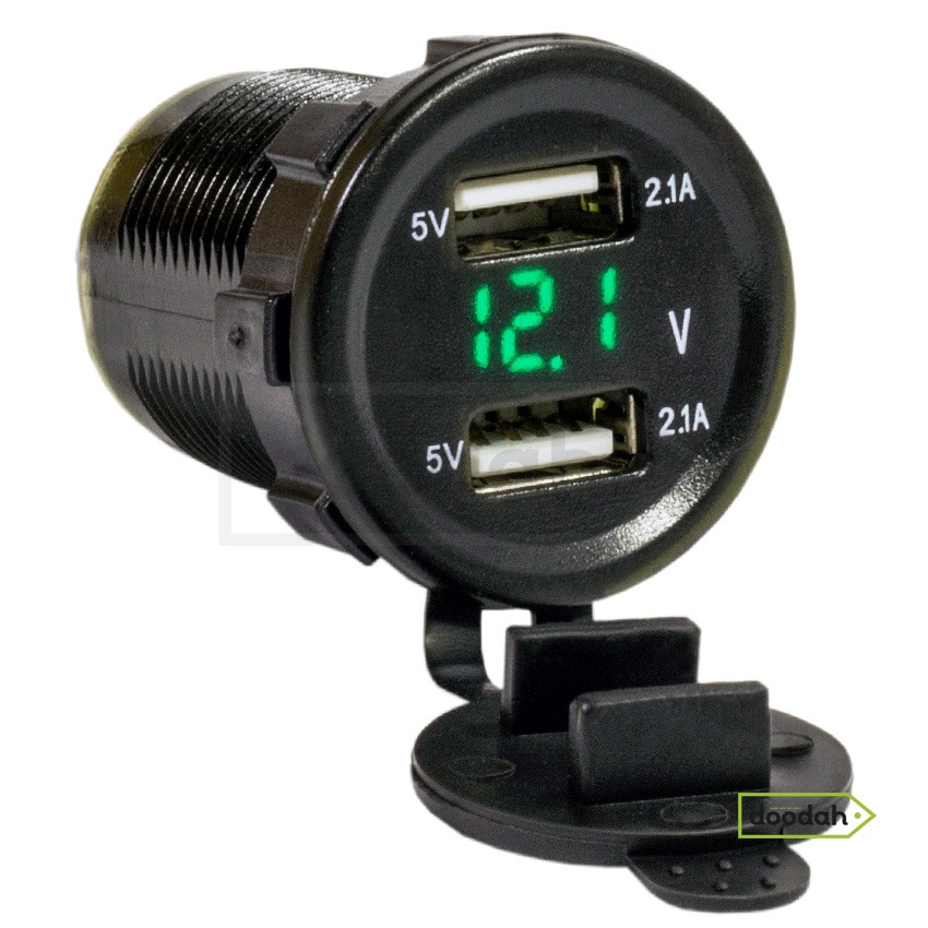 Авто / Мото USB зарядний пристрій Recessed Volt Green з вольтметром, IP54. Гарантія 6 міс.